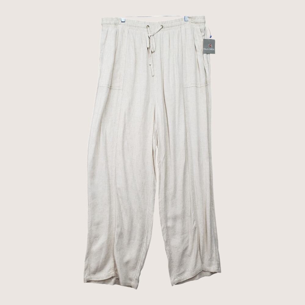 Falls Creek Womens 1X Beige Linen Blend Lounge Pants Wide Leg Drawstring NWT - Picture 2 of 15
